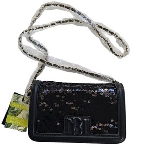 NWT Badgley Mischka Black Sequin Logo Crossbody Bag Vegan Leather Evening Purse